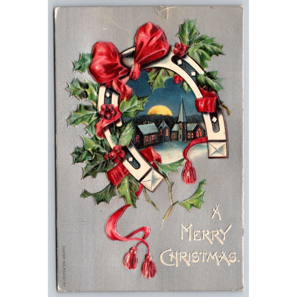 1906 Antique Christmas Postcard Embossed Horseshoe Holly Village E. Sander NY